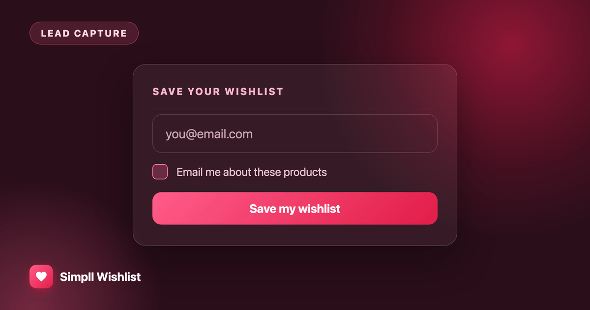 Guest wishlists capturing leads before the account exists, showing a save-your-wishlist email prompt with a marketing consent checkbox.