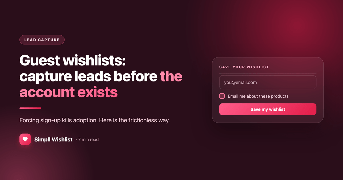 Guest wishlists capturing leads before the account exists, showing a save-your-wishlist email prompt with a marketing consent checkbox.