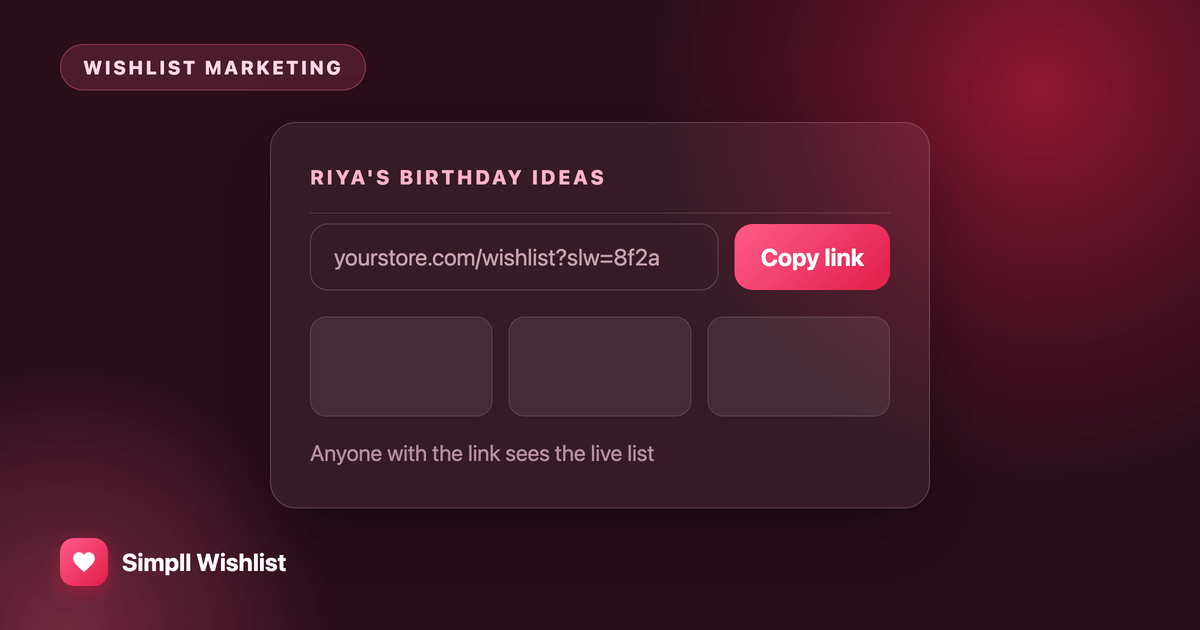 Growing your list with wishlist sharing, showing a shared wishlist link with a copy-link button and saved product tiles.
